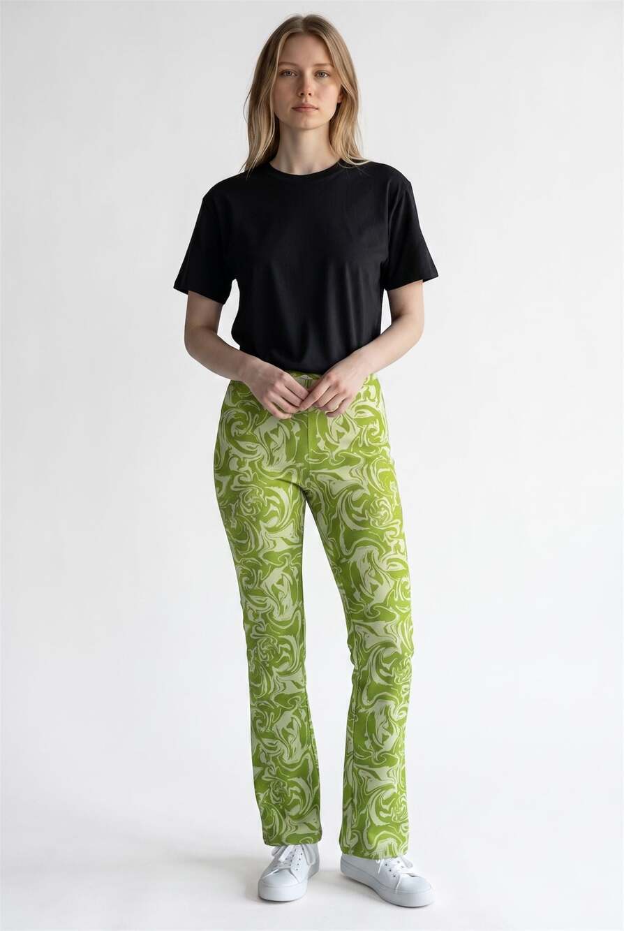 Zara Green and Cream Swirl Pattern Jacquard Flare Pants